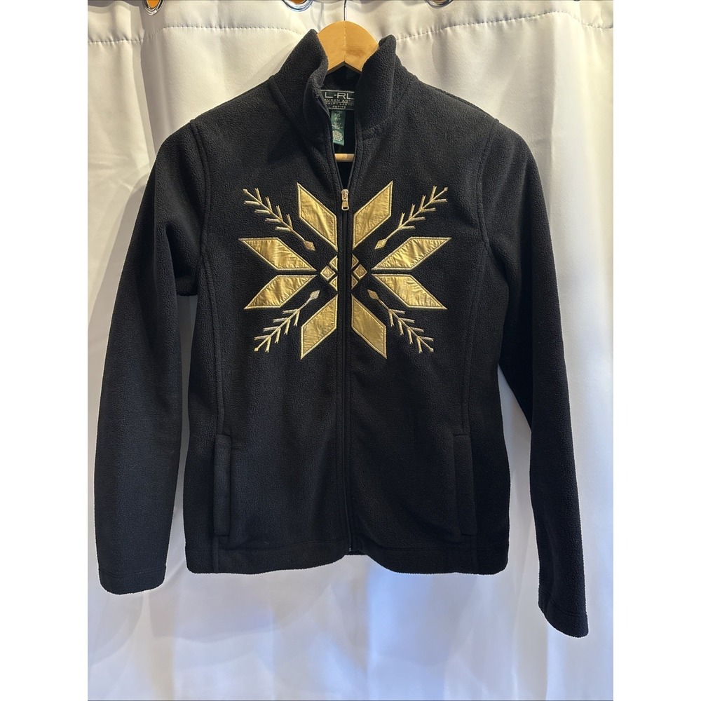 Lauren Ralph Lauren‎ Women's Fleece Jacket 1/4 Zip Snowflake Black P/S